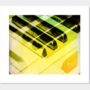 Overlapping Abstract Mirroring Piano Keys with Green and Yellow Posters and Art